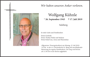 Traueranzeige von Wolfgang Kühnle von Allgäuer Zeitung, Gesamtausgabe