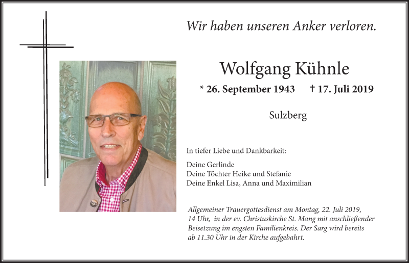  Traueranzeige für Wolfgang Kühnle vom 19.07.2019 aus Allgäuer Zeitung, Gesamtausgabe