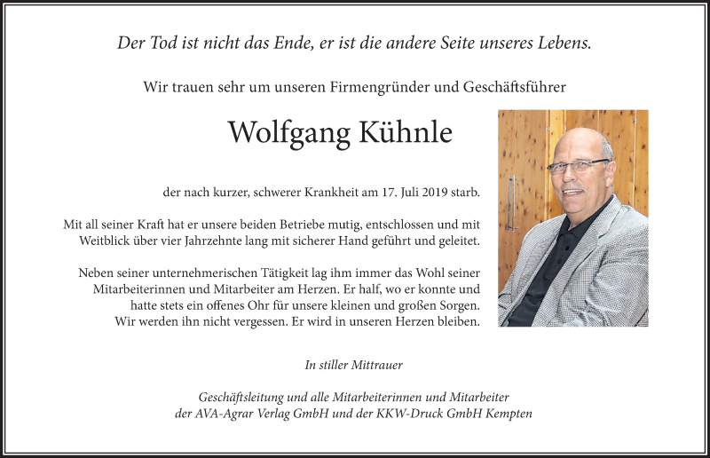  Traueranzeige für Wolfgang Kühnle vom 19.07.2019 aus Allgäuer Zeitung, Gesamtausgabe