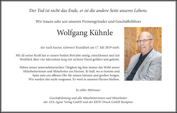 Traueranzeige von Wolfgang Kühnle von Allgäuer Zeitung, Gesamtausgabe