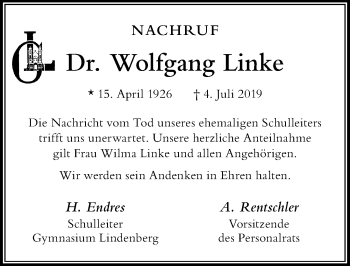 Traueranzeige von Wolfgang Linke von Der Westallgäuer