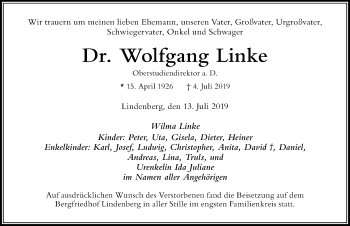 Traueranzeige von Wolfgang Linke von Der Westallgäuer