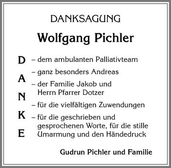 Traueranzeige von Wolfgang Pichler von Allgäuer Zeitung,Kempten