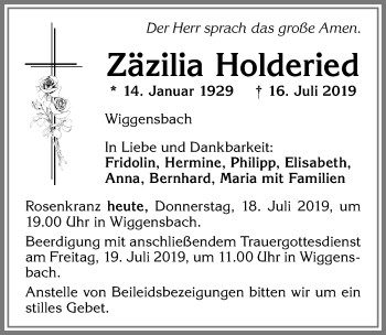 Traueranzeige von Zäzilia Holderied von Allgäuer Zeitung,Kempten