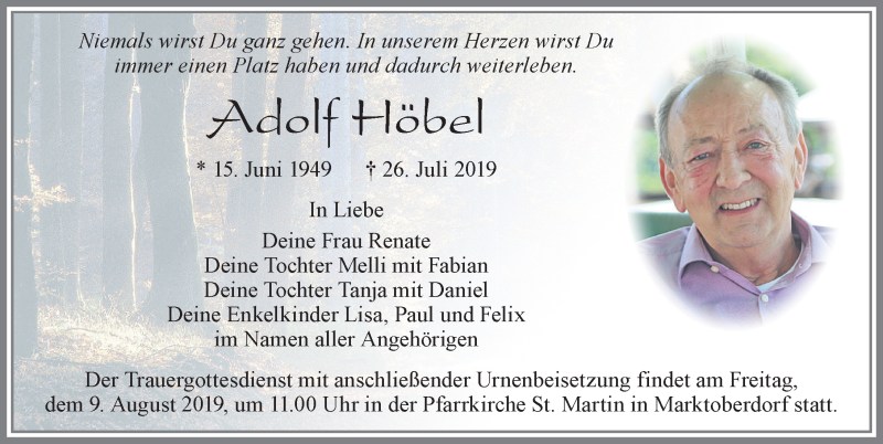  Traueranzeige für Adolf Höbel vom 07.08.2019 aus Allgäuer Zeitung, Marktoberdorf