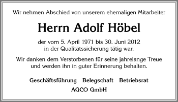 Traueranzeige von Adolf Höbel von Allgäuer Zeitung, Marktoberdorf