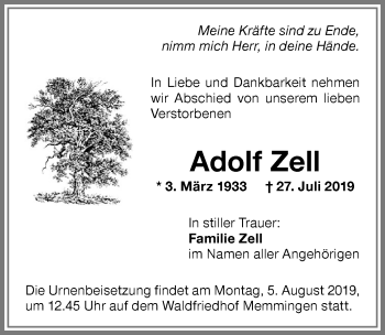 Traueranzeige von Adolf Zell von Memminger Zeitung