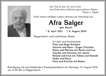 Traueranzeige von Afra Salger von Allgäuer Zeitung,Kempten