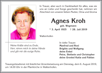 Traueranzeige von Agnes Kroh von Allgäuer Zeitung,Kempten