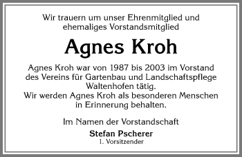 Traueranzeige von Agnes Kroh von Allgäuer Zeitung,Kempten