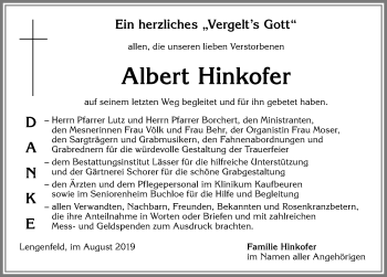 Traueranzeige von Albert Hinkofer von Allgäuer Zeitung, Kaufbeuren/Buchloe