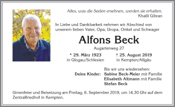 Traueranzeige von Alfons Beck von Allgäuer Zeitung,Kempten