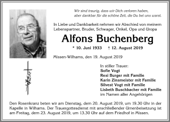 Traueranzeige von Alfons Buchenberg von Allgäuer Anzeigeblatt