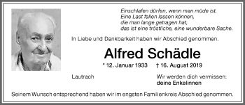Traueranzeige von Alfred Schädle von Memminger Zeitung