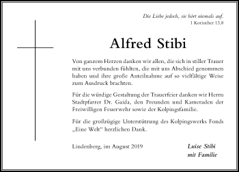 Traueranzeige von Alfred Stibi von Der Westallgäuer