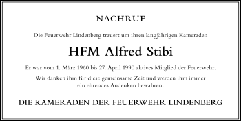 Traueranzeige von Alfred Stibi von Der Westallgäuer