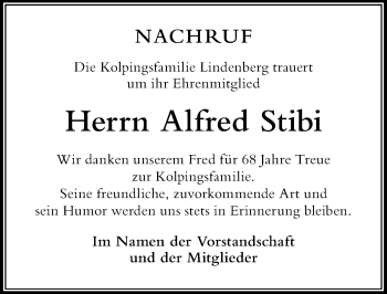 Traueranzeige von Alfred Stibi von Der Westallgäuer