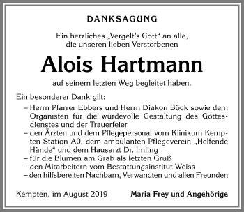 Traueranzeige von Alois Hartmann von Memminger Zeitung