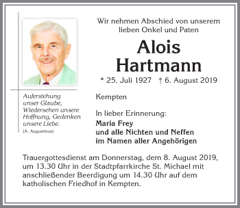 Traueranzeige von Alois Hartmann von Allgäuer Zeitung,Kempten
