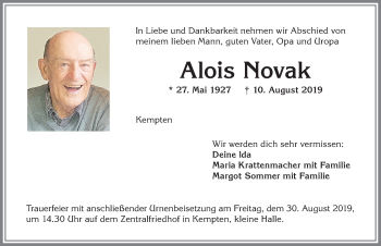 Traueranzeige von Alois Novak von Allgäuer Zeitung,Kempten