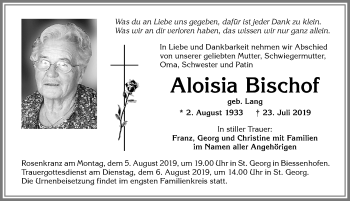 Traueranzeige von Aloisia Bischof von Allgäuer Zeitung, Marktoberdorf