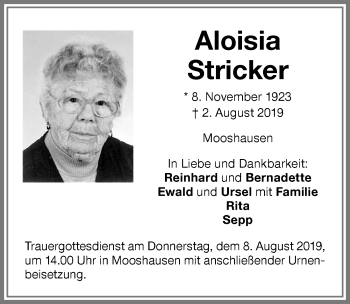 Traueranzeige von Aloisia Stricker von Allgäuer Anzeigeblatt