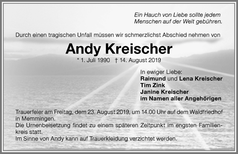  Traueranzeige für Andy Kreischer vom 21.08.2019 aus Memminger Zeitung