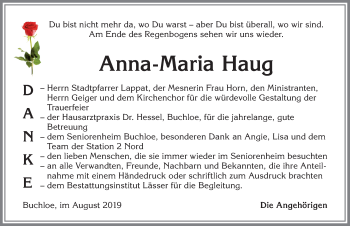 Traueranzeige von Anna-Maria Haug von Allgäuer Zeitung, Kaufbeuren/Buchloe