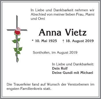Traueranzeige von Anna Vietz von Allgäuer Anzeigeblatt
