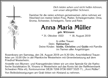 Traueranzeige von Anna Maria Müller von Memminger Zeitung