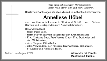 Traueranzeige von Anneliese Höbel von Allgäuer Zeitung, Marktoberdorf
