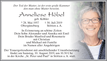 Traueranzeige von Anneliese Höbet von Allgäuer Zeitung, Marktoberdorf