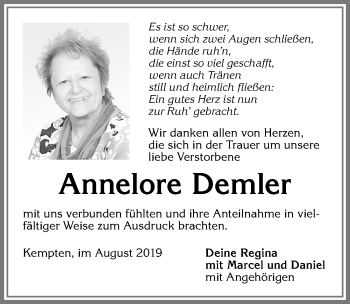 Traueranzeige von Annelore Demler von Allgäuer Zeitung,Kempten