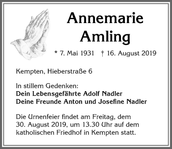 Traueranzeige von Annemarie Amling von Allgäuer Zeitung,Kempten