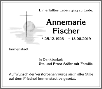 Traueranzeige von Annemarie Fischer von Allgäuer Anzeigeblatt