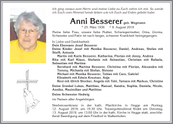 Traueranzeige von Anni Besserer von Allgäuer Zeitung