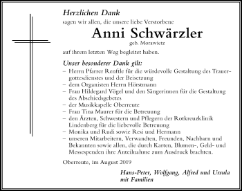 Traueranzeige von Anni Schwärzler von Der Westallgäuer