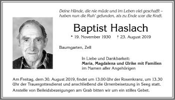 Traueranzeige von Baptist Haslach von Allgäuer Zeitung, Füssen