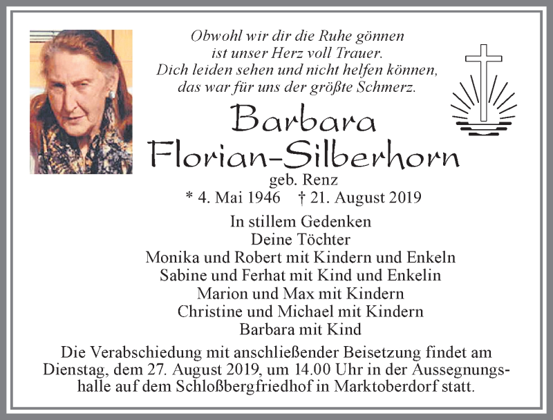  Traueranzeige für Barbara Florian-Silberhorn vom 24.08.2019 aus Allgäuer Zeitung, Marktoberdorf