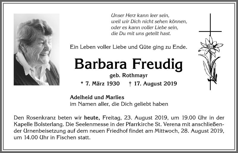  Traueranzeige für Barbara Freudig vom 23.08.2019 aus Allgäuer Anzeigeblatt