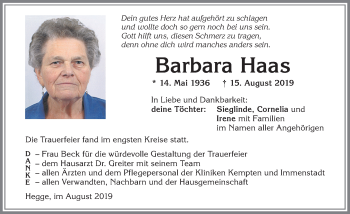 Traueranzeige von Barbara Haas von Allgäuer Zeitung,Kempten