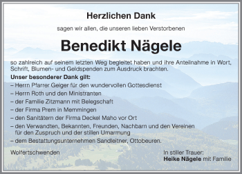 Traueranzeige von Benedikt Nägele von Memminger Zeitung