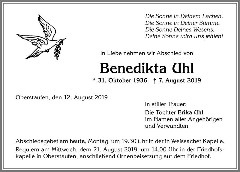  Traueranzeige für Benedikta Uhl vom 12.08.2019 aus Allgäuer Anzeigeblatt