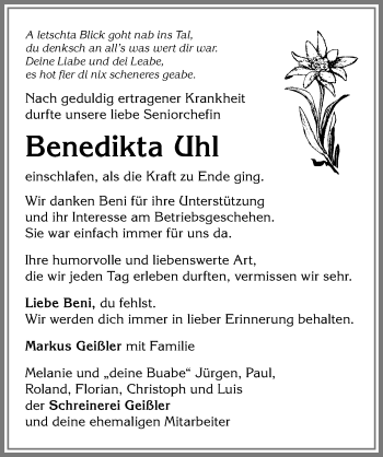 Traueranzeige von Benedikta Uhl von Allgäuer Anzeigeblatt