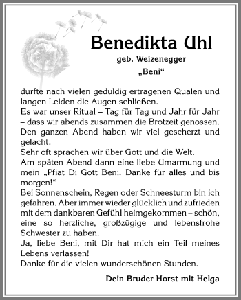 Traueranzeige von Benedikta Uhl von Allgäuer Anzeigeblatt