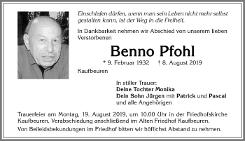 Traueranzeige von Benno Pfohl von Allgäuer Zeitung, Kaufbeuren/Buchloe