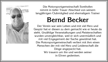 Traueranzeige von Bernd Becker von Allgäuer Anzeigeblatt