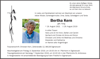 Traueranzeige von Bertha Kern von Der Westallgäuer