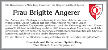 Traueranzeige von Brigitte Angerer von Allgäuer Zeitung,Kempten