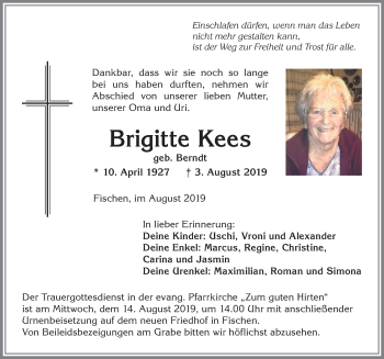 Traueranzeige von Brigitte Kees von Allgäuer Anzeigeblatt